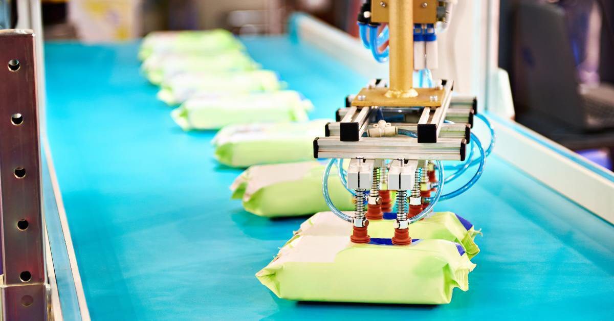 A small robotic arm stamping green pouch packages as they move down a conveyor belt on a production line.