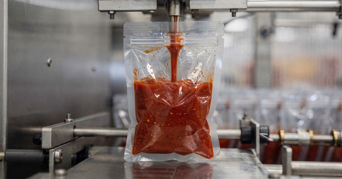 A close-up of an automated machine filling a clear plastic pouch with a red liquid substance through a nozzle.