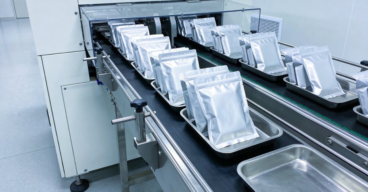 Two rows of silver pouches standing in metal trays moving along a conveyor belt inside a bright, clean room.