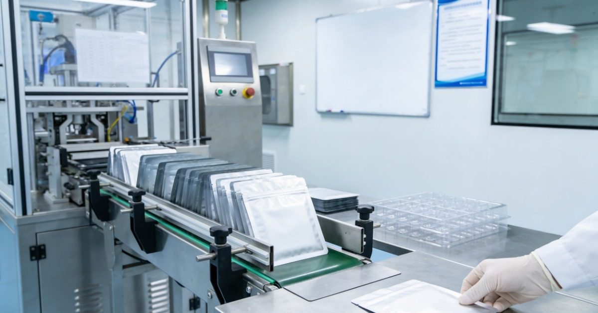 Sealed silver pouches move through an automated packaging machine on a conveyor belt inside a bright cleanroom.