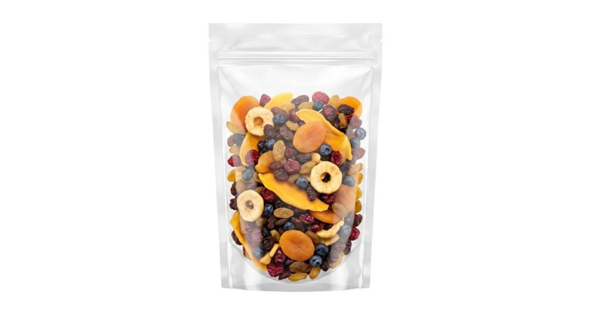 A clear zipper pouch filled with mixed dried fruit and berries stands against a plain white background.